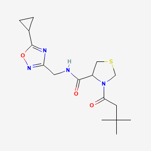 molecular formula C16H24N4O3S B6761150 N-[(5-cyclopropyl-1,2,4-oxadiazol-3-yl)methyl]-3-(3,3-dimethylbutanoyl)-1,3-thiazolidine-4-carboxamide 