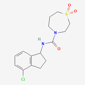 molecular formula C15H19ClN2O3S B6761679 N-(4-chloro-2,3-dihydro-1H-inden-1-yl)-1,1-dioxo-1,4-thiazepane-4-carboxamide 