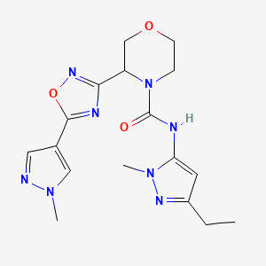 molecular formula C17H22N8O3 B6764075 N-(5-ethyl-2-methylpyrazol-3-yl)-3-[5-(1-methylpyrazol-4-yl)-1,2,4-oxadiazol-3-yl]morpholine-4-carboxamide 