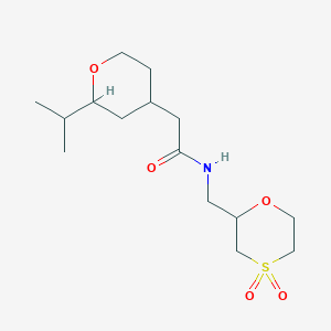 molecular formula C15H27NO5S B6764790 N-[(4,4-dioxo-1,4-oxathian-2-yl)methyl]-2-(2-propan-2-yloxan-4-yl)acetamide 