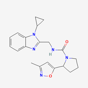 molecular formula C20H23N5O2 B6766160 N-[(1-cyclopropylbenzimidazol-2-yl)methyl]-2-(3-methyl-1,2-oxazol-5-yl)pyrrolidine-1-carboxamide 