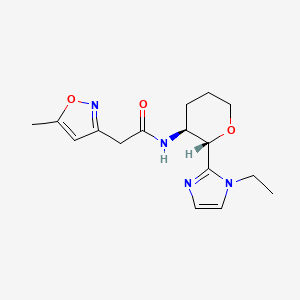 molecular formula C16H22N4O3 B6770247 N-[(2S,3S)-2-(1-ethylimidazol-2-yl)oxan-3-yl]-2-(5-methyl-1,2-oxazol-3-yl)acetamide 