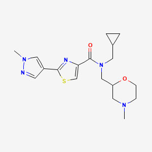 molecular formula C18H25N5O2S B6770599 N-(cyclopropylmethyl)-N-[(4-methylmorpholin-2-yl)methyl]-2-(1-methylpyrazol-4-yl)-1,3-thiazole-4-carboxamide 