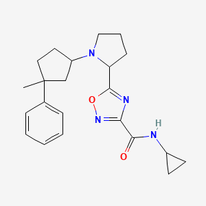 molecular formula C22H28N4O2 B6771354 N-cyclopropyl-5-[1-(3-methyl-3-phenylcyclopentyl)pyrrolidin-2-yl]-1,2,4-oxadiazole-3-carboxamide 