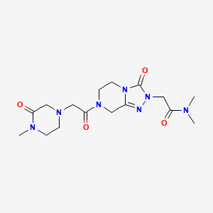 molecular formula C16H25N7O4 B6772017 N,N-dimethyl-2-[7-[2-(4-methyl-3-oxopiperazin-1-yl)acetyl]-3-oxo-6,8-dihydro-5H-[1,2,4]triazolo[4,3-a]pyrazin-2-yl]acetamide 