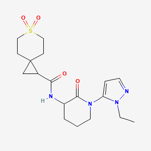 molecular formula C18H26N4O4S B6773162 N-[1-(2-ethylpyrazol-3-yl)-2-oxopiperidin-3-yl]-6,6-dioxo-6lambda6-thiaspiro[2.5]octane-2-carboxamide 
