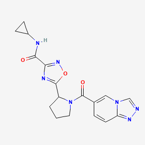 molecular formula C17H17N7O3 B6773189 N-cyclopropyl-5-[1-([1,2,4]triazolo[4,3-a]pyridine-6-carbonyl)pyrrolidin-2-yl]-1,2,4-oxadiazole-3-carboxamide 