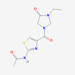 molecular formula C11H14N4O3S B6773331 N-[4-(3-ethyl-4-oxoimidazolidine-1-carbonyl)-1,3-thiazol-2-yl]acetamide 