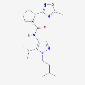 molecular formula C19H30N6O2 B6773589 N-[1-(3-methylbutyl)-5-propan-2-ylpyrazol-4-yl]-2-(5-methyl-1,2,4-oxadiazol-3-yl)pyrrolidine-1-carboxamide 