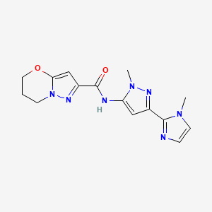 molecular formula C15H17N7O2 B6774229 N-[2-methyl-5-(1-methylimidazol-2-yl)pyrazol-3-yl]-6,7-dihydro-5H-pyrazolo[5,1-b][1,3]oxazine-2-carboxamide 