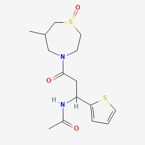 molecular formula C15H22N2O3S2 B6774369 N-[3-(6-methyl-1-oxo-1,4-thiazepan-4-yl)-3-oxo-1-thiophen-2-ylpropyl]acetamide 