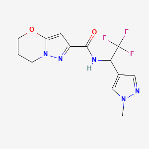 molecular formula C13H14F3N5O2 B6775761 N-[2,2,2-trifluoro-1-(1-methylpyrazol-4-yl)ethyl]-6,7-dihydro-5H-pyrazolo[5,1-b][1,3]oxazine-2-carboxamide 