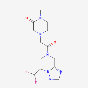 molecular formula C13H20F2N6O2 B6776489 N-[[2-(2,2-difluoroethyl)-1,2,4-triazol-3-yl]methyl]-N-methyl-2-(4-methyl-3-oxopiperazin-1-yl)acetamide 