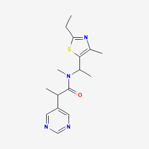 molecular formula C16H22N4OS B6776630 N-[1-(2-ethyl-4-methyl-1,3-thiazol-5-yl)ethyl]-N-methyl-2-pyrimidin-5-ylpropanamide 