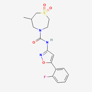 molecular formula C16H18FN3O4S B6776854 N-[5-(2-fluorophenyl)-1,2-oxazol-3-yl]-6-methyl-1,1-dioxo-1,4-thiazepane-4-carboxamide 