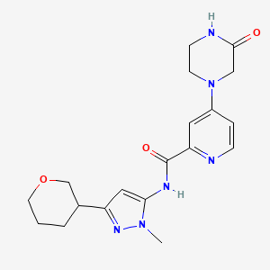 molecular formula C19H24N6O3 B6777445 N-[2-methyl-5-(oxan-3-yl)pyrazol-3-yl]-4-(3-oxopiperazin-1-yl)pyridine-2-carboxamide 
