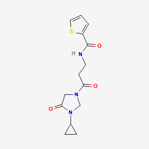 molecular formula C14H17N3O3S B6777507 N-[3-(3-cyclopropyl-4-oxoimidazolidin-1-yl)-3-oxopropyl]thiophene-2-carboxamide 