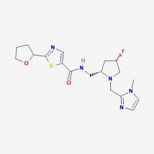 molecular formula C18H24FN5O2S B6777889 N-[[(2S,4S)-4-fluoro-1-[(1-methylimidazol-2-yl)methyl]pyrrolidin-2-yl]methyl]-2-(oxolan-2-yl)-1,3-thiazole-5-carboxamide 