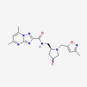 molecular formula C18H22FN7O2 B6777915 N-[[(2S,4S)-4-fluoro-1-[(3-methyl-1,2-oxazol-5-yl)methyl]pyrrolidin-2-yl]methyl]-5,7-dimethyl-[1,2,4]triazolo[1,5-a]pyrimidine-2-carboxamide 