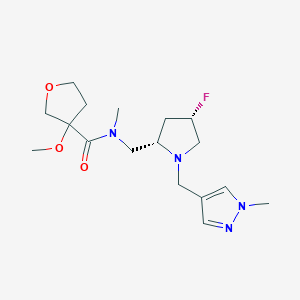 molecular formula C17H27FN4O3 B6777923 N-[[(2S,4S)-4-fluoro-1-[(1-methylpyrazol-4-yl)methyl]pyrrolidin-2-yl]methyl]-3-methoxy-N-methyloxolane-3-carboxamide 