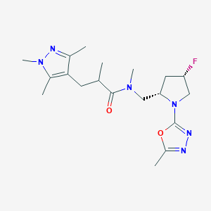 molecular formula C19H29FN6O2 B6777965 N-[[(2S,4S)-4-fluoro-1-(5-methyl-1,3,4-oxadiazol-2-yl)pyrrolidin-2-yl]methyl]-N,2-dimethyl-3-(1,3,5-trimethylpyrazol-4-yl)propanamide 