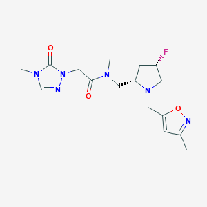 molecular formula C16H23FN6O3 B6777971 N-[[(2S,4S)-4-fluoro-1-[(3-methyl-1,2-oxazol-5-yl)methyl]pyrrolidin-2-yl]methyl]-N-methyl-2-(4-methyl-5-oxo-1,2,4-triazol-1-yl)acetamide 
