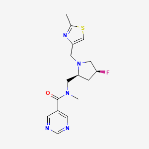 molecular formula C16H20FN5OS B6777989 N-[[(2S,4S)-4-fluoro-1-[(2-methyl-1,3-thiazol-4-yl)methyl]pyrrolidin-2-yl]methyl]-N-methylpyrimidine-5-carboxamide 
