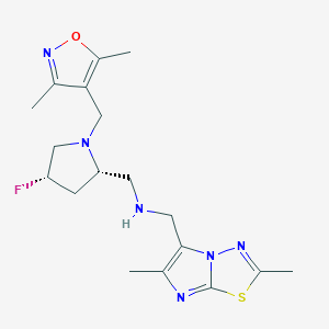 molecular formula C18H25FN6OS B6778176 N-[(2,6-dimethylimidazo[2,1-b][1,3,4]thiadiazol-5-yl)methyl]-1-[(2S,4S)-1-[(3,5-dimethyl-1,2-oxazol-4-yl)methyl]-4-fluoropyrrolidin-2-yl]methanamine 