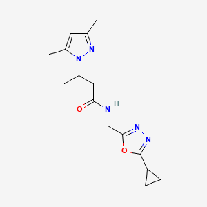 molecular formula C15H21N5O2 B6778448 N-[(5-cyclopropyl-1,3,4-oxadiazol-2-yl)methyl]-3-(3,5-dimethylpyrazol-1-yl)butanamide 