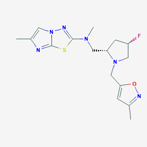 molecular formula C16H21FN6OS B6779070 N-[[(2S,4S)-4-fluoro-1-[(3-methyl-1,2-oxazol-5-yl)methyl]pyrrolidin-2-yl]methyl]-N,6-dimethylimidazo[2,1-b][1,3,4]thiadiazol-2-amine 