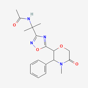 molecular formula C18H22N4O4 B6779253 N-[2-[5-(4-methyl-5-oxo-3-phenylmorpholin-2-yl)-1,2,4-oxadiazol-3-yl]propan-2-yl]acetamide 