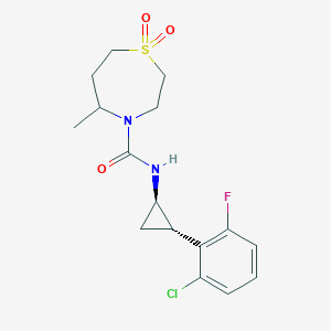 molecular formula C16H20ClFN2O3S B6779688 N-[(1R,2S)-2-(2-chloro-6-fluorophenyl)cyclopropyl]-5-methyl-1,1-dioxo-1,4-thiazepane-4-carboxamide 