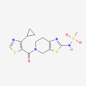 molecular formula C14H16N4O3S3 B6779747 N-[5-(4-cyclopropyl-1,3-thiazole-5-carbonyl)-6,7-dihydro-4H-[1,3]thiazolo[5,4-c]pyridin-2-yl]methanesulfonamide 