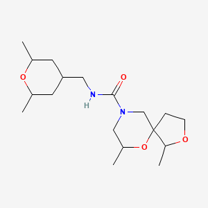 molecular formula C18H32N2O4 B6780071 N-[(2,6-dimethyloxan-4-yl)methyl]-1,7-dimethyl-2,6-dioxa-9-azaspiro[4.5]decane-9-carboxamide 