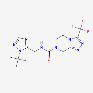 molecular formula C14H19F3N8O B6781070 N-[(2-tert-butyl-1,2,4-triazol-3-yl)methyl]-3-(trifluoromethyl)-6,8-dihydro-5H-[1,2,4]triazolo[4,3-a]pyrazine-7-carboxamide 