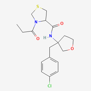 molecular formula C18H23ClN2O3S B6781306 N-[3-[(4-chlorophenyl)methyl]oxolan-3-yl]-3-propanoyl-1,3-thiazolidine-4-carboxamide 