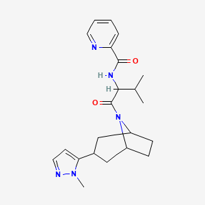 molecular formula C22H29N5O2 B6782239 N-[3-methyl-1-[3-(2-methylpyrazol-3-yl)-8-azabicyclo[3.2.1]octan-8-yl]-1-oxobutan-2-yl]pyridine-2-carboxamide 