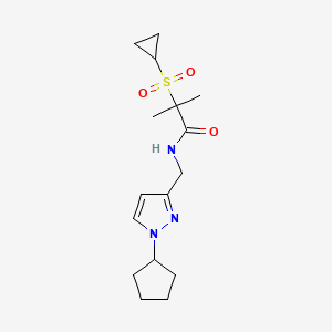molecular formula C16H25N3O3S B6782980 N-[(1-cyclopentylpyrazol-3-yl)methyl]-2-cyclopropylsulfonyl-2-methylpropanamide 