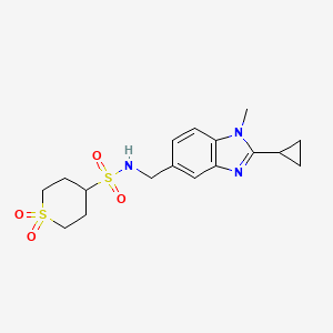 molecular formula C17H23N3O4S2 B6783102 N-[(2-cyclopropyl-1-methylbenzimidazol-5-yl)methyl]-1,1-dioxothiane-4-sulfonamide 