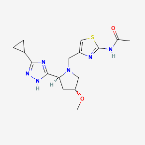 molecular formula C16H22N6O2S B6784072 N-[4-[[(2S,4R)-2-(3-cyclopropyl-1H-1,2,4-triazol-5-yl)-4-methoxypyrrolidin-1-yl]methyl]-1,3-thiazol-2-yl]acetamide 