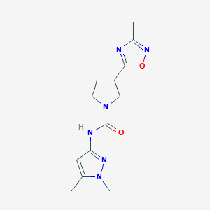 molecular formula C13H18N6O2 B6784279 N-(1,5-dimethylpyrazol-3-yl)-3-(3-methyl-1,2,4-oxadiazol-5-yl)pyrrolidine-1-carboxamide 
