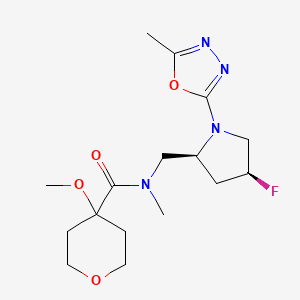molecular formula C16H25FN4O4 B6785856 N-[[(2S,4S)-4-fluoro-1-(5-methyl-1,3,4-oxadiazol-2-yl)pyrrolidin-2-yl]methyl]-4-methoxy-N-methyloxane-4-carboxamide 