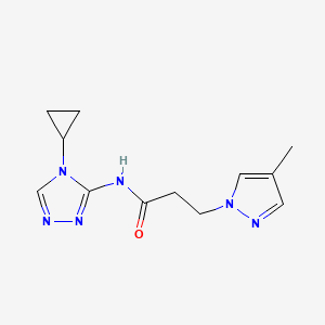 molecular formula C12H16N6O B6786049 N-(4-cyclopropyl-1,2,4-triazol-3-yl)-3-(4-methylpyrazol-1-yl)propanamide 