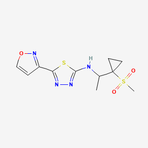 molecular formula C11H14N4O3S2 B6786653 N-[1-(1-methylsulfonylcyclopropyl)ethyl]-5-(1,2-oxazol-3-yl)-1,3,4-thiadiazol-2-amine 