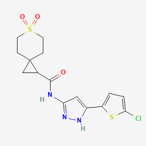 molecular formula C15H16ClN3O3S2 B6787455 N-[5-(5-chlorothiophen-2-yl)-1H-pyrazol-3-yl]-6,6-dioxo-6lambda6-thiaspiro[2.5]octane-2-carboxamide 