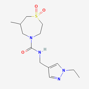 molecular formula C13H22N4O3S B6787613 N-[(1-ethylpyrazol-4-yl)methyl]-6-methyl-1,1-dioxo-1,4-thiazepane-4-carboxamide 