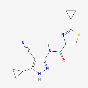 molecular formula C14H13N5OS B6787756 N-(4-cyano-5-cyclopropyl-1H-pyrazol-3-yl)-2-cyclopropyl-1,3-thiazole-4-carboxamide 
