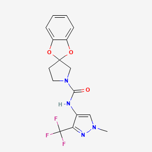 molecular formula C16H15F3N4O3 B6788272 N-[1-methyl-3-(trifluoromethyl)pyrazol-4-yl]spiro[1,3-benzodioxole-2,3'-pyrrolidine]-1'-carboxamide 