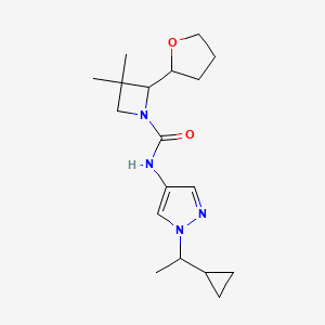 molecular formula C18H28N4O2 B6788866 N-[1-(1-cyclopropylethyl)pyrazol-4-yl]-3,3-dimethyl-2-(oxolan-2-yl)azetidine-1-carboxamide 
