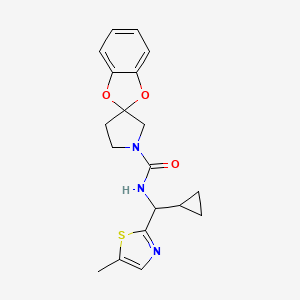 molecular formula C19H21N3O3S B6789765 N-[cyclopropyl-(5-methyl-1,3-thiazol-2-yl)methyl]spiro[1,3-benzodioxole-2,3'-pyrrolidine]-1'-carboxamide 